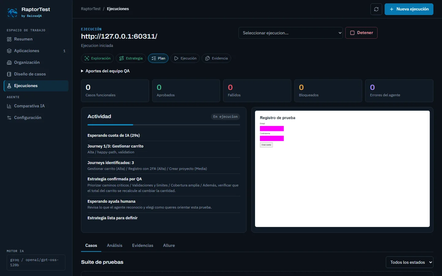 Actividad en vivo mientras el agente explora y planifica