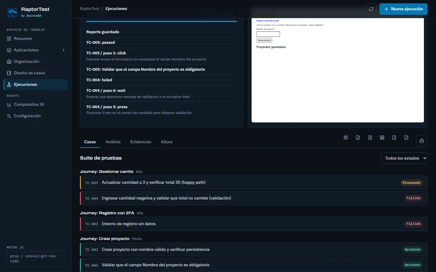 Suite exploratoria agrupada por journeys con veredictos por caso