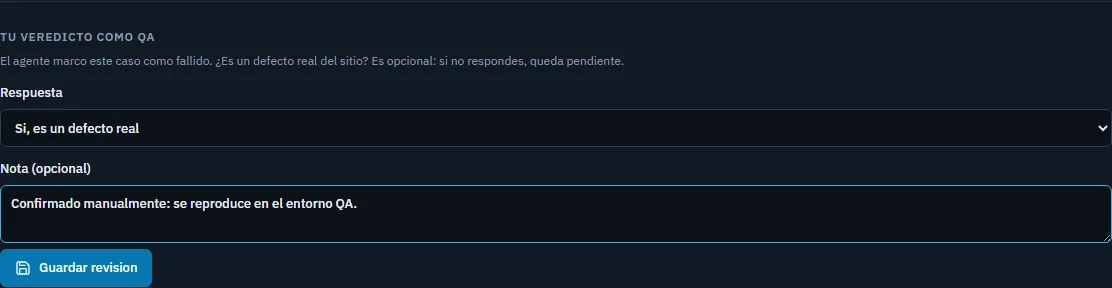 Formulario de veredicto QA con defecto confirmado y nota