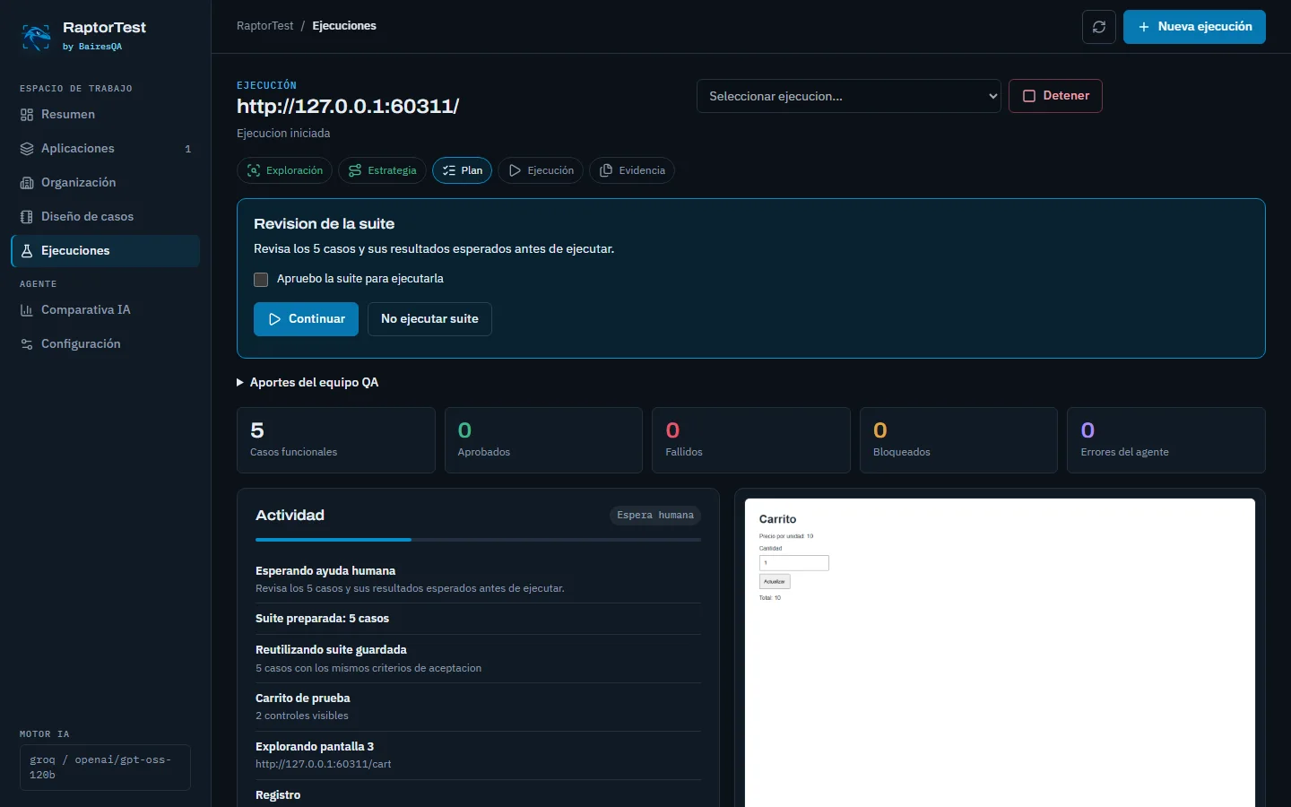 Revisión de la suite con aprobación previa a la ejecución